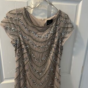 Adrianna Papell Gray Sheath Maxi Dress with Flutter Cap Sleeves